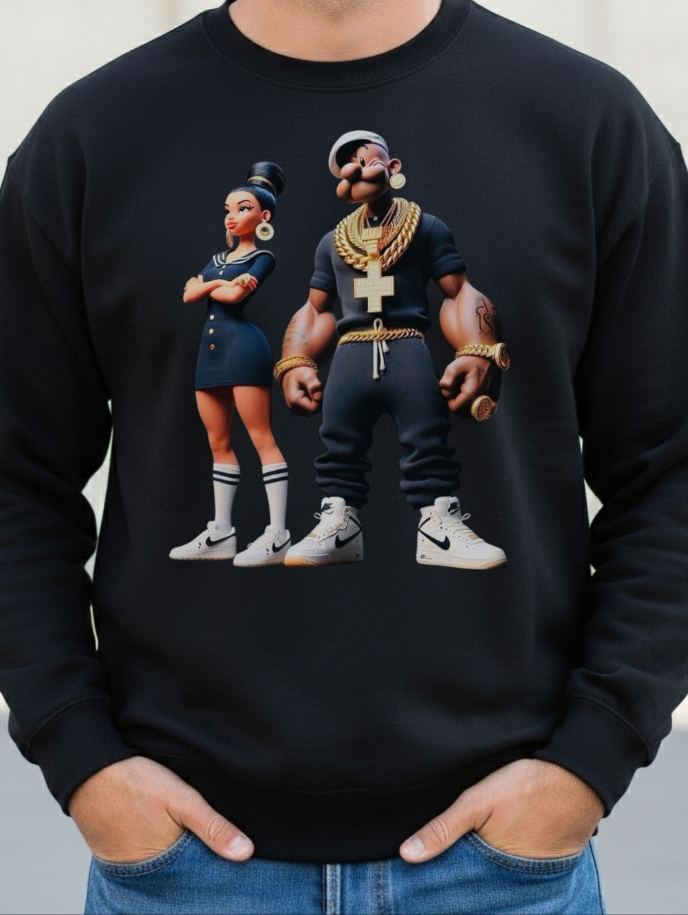 Black Graphic Crewneck Sweatshirt - Urban Character Print